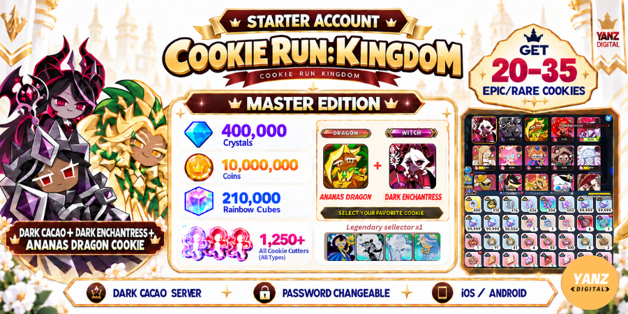 [Dark cacao] 账号 Cookie Run Kingdom | 400000 水晶 + 210000 方块 + DCC + 暗黑魔女 + 菠萝龙饼干 + 1.2K+ 切割器