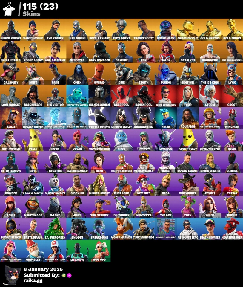 PC/PSN/Xbox/Nintendo 115皮肤 | Black Knight | Travis Scott | Sparkle Specialist | The Reaper | Blue Squire | Royale Knight | Elite Agent | Astro Jac