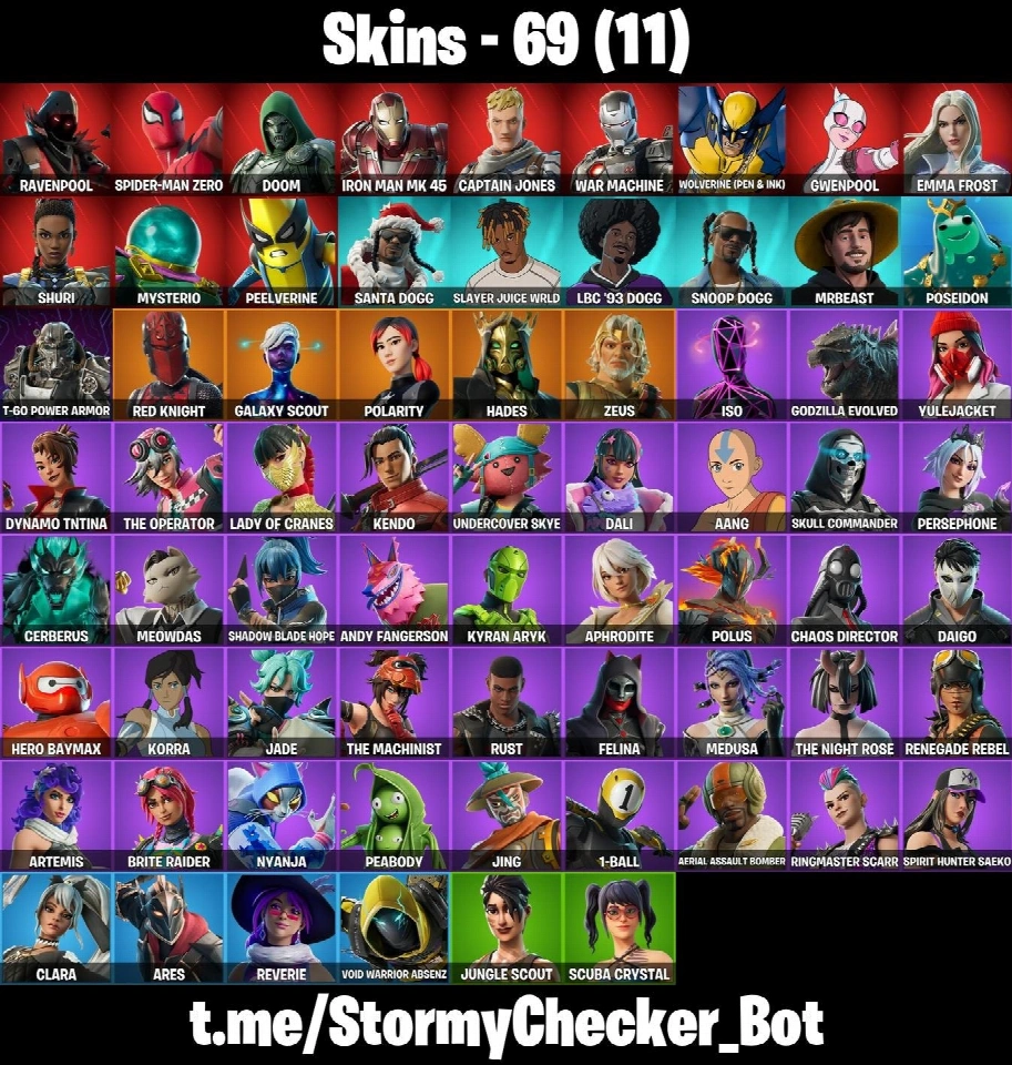 69款皮肤 ⭐ Merry Mint Axe ⭐ MrBeast ⭐ Snoop Dogg ⭐ Spiderman Zero ⭐ Ironman ⭐ Wolverine ⭐ Aang ⭐ Baymax ⭐ Godzilla ⭐ Reaper ⭐ Snoops Walk ⭐ FA