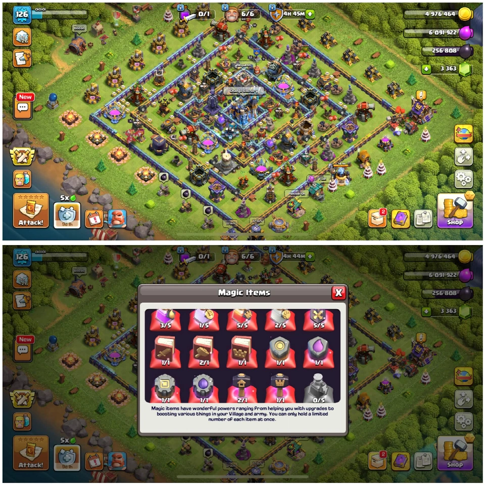 TH18 | 126 级 | 3363 宝石 | 英雄 63-59-48-62-33-11 | 9 个高级史诗装备 | 5 个英雄皮肤 | 免费改名 | 优秀防御