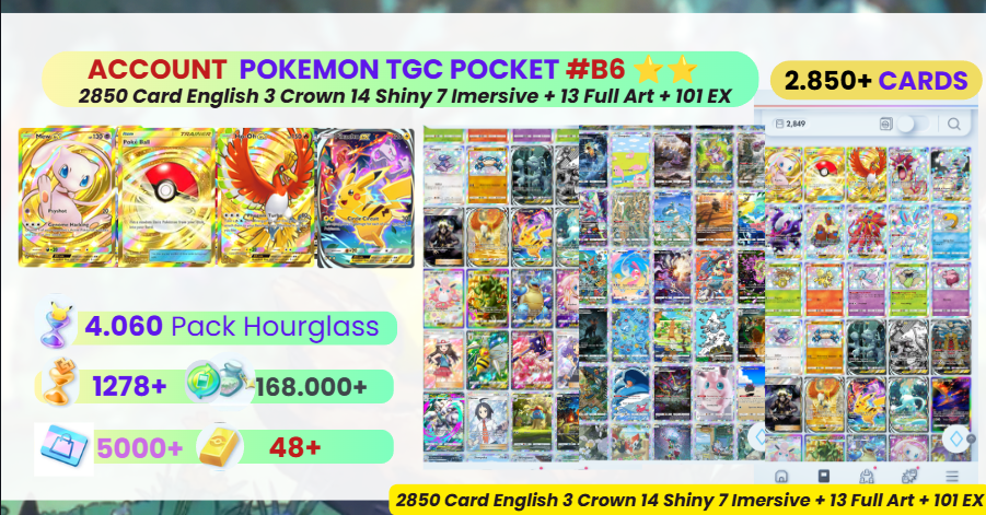[2850+ 卡 ENG] 账号 3 Crown Mew EX + Pokeball + Ho-Oh Ex + 7 沉浸式皮卡丘 14 闪卡 7 沉浸式 + 13 全图 + 4000 包 沙漏 #b6