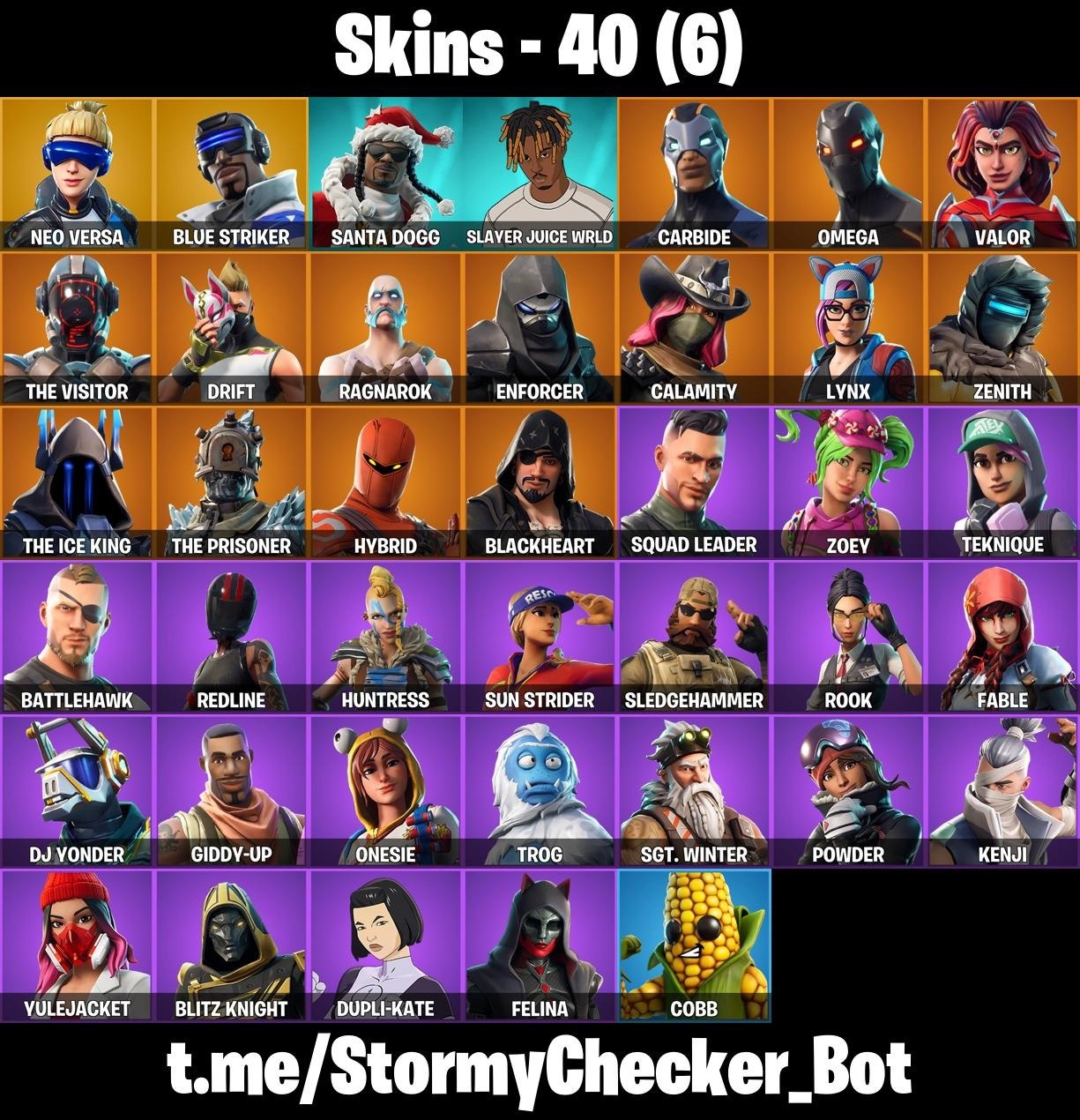 40皮肤 ⭐ ORANGE JUSTICE ⭐ NEO VERSA ⭐ DRIFT ⭐ OMEGA ⭐ BALLOON AXE ⭐ LUG AXE ⭐ FIENDISH WAND ⭐ SNOOPS WALK ⭐ HYPE ⭐ SWIPE IT ⭐ KEEP IT MELLO ⭐ FA
