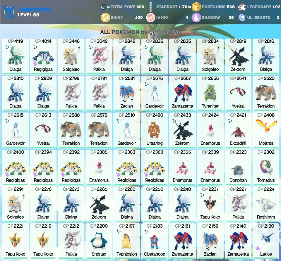 Shiny：帕路奇亚、捷克罗姆、卡璞·鸣鸣、勾帕路翁 ~ Shiny 帝牙卢卡 4K ~ 暗影：拉帝欧斯、拉帝亚斯 ~ Shiny：100 ~ 60级 ~ Shiny 暗影 雷吉奇卡斯 4K ~ [CNL] ~ PG-OZHFA