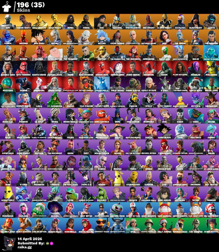 PC/PSN/Xbox/Nintendo 196款皮肤 Travis Scott | Eon | Renee | Andre | Gold Brutus | Gold Midas | Era | Sentinel | Spectra Knight | Red Knight | Ultima K