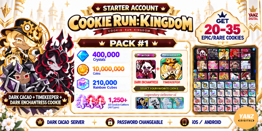 [Dark cacao] 账号 Cookie Run Kingdom | 400000 水晶 + 210000 方块 + DCC + 时间守护者 + Dark Enchantress Cookie + 1.2K+ 切割器