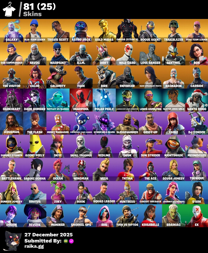 PC/PSN/Xbox/Nintendo 81皮肤 | OG STW | Galaxy | Travis Scott | Blue Team Leader | Astro Jack | Gold Midas | Omega（第5阶段） | Rogue Agent | Trailbla