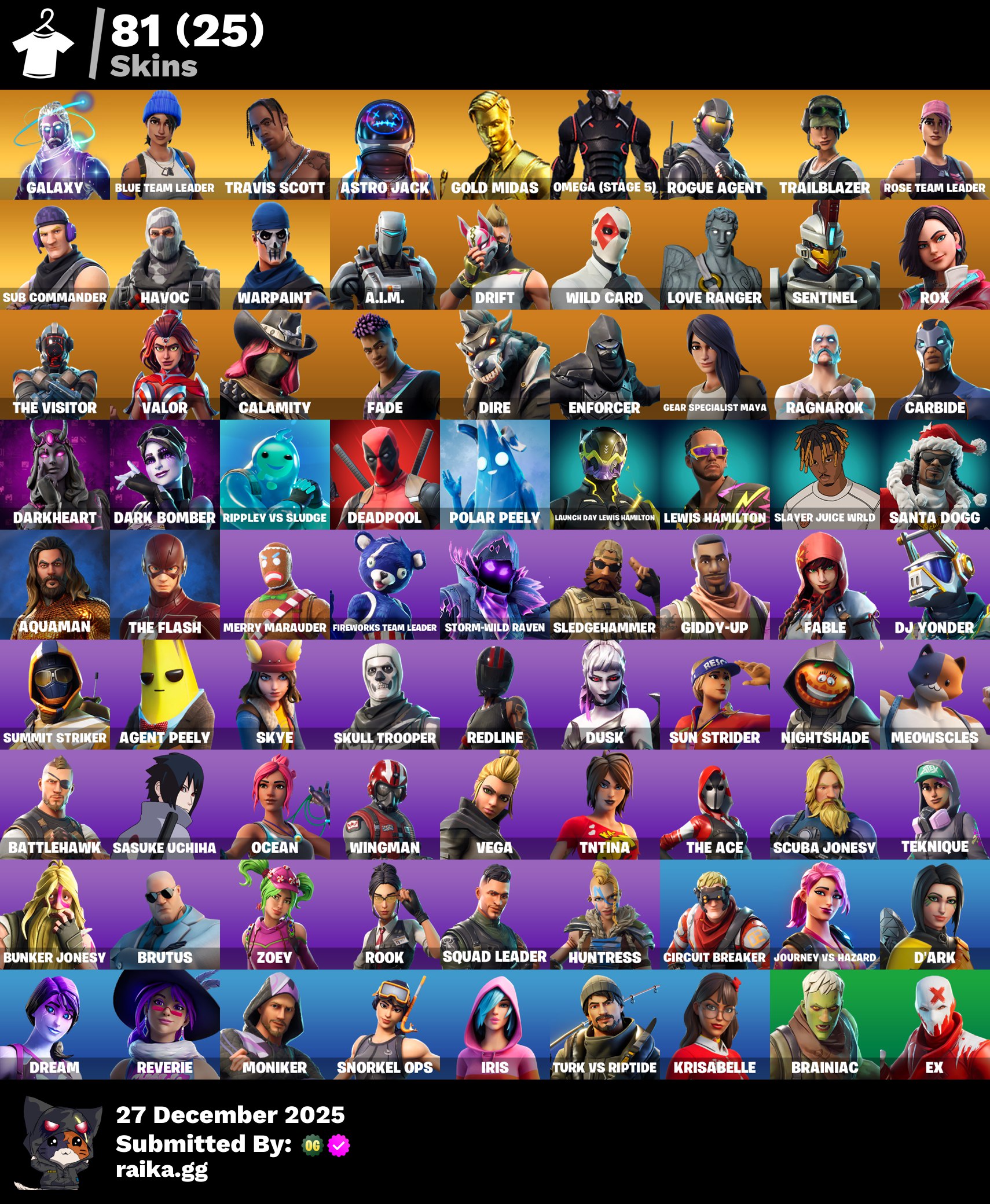 PC/PSN/Xbox/Nintendo 81皮肤 | OG STW | Galaxy | Travis Scott | Blue Team Leader | Astro Jack | Gold Midas | Omega(第5阶段) | Rogue Agent | Trailbla