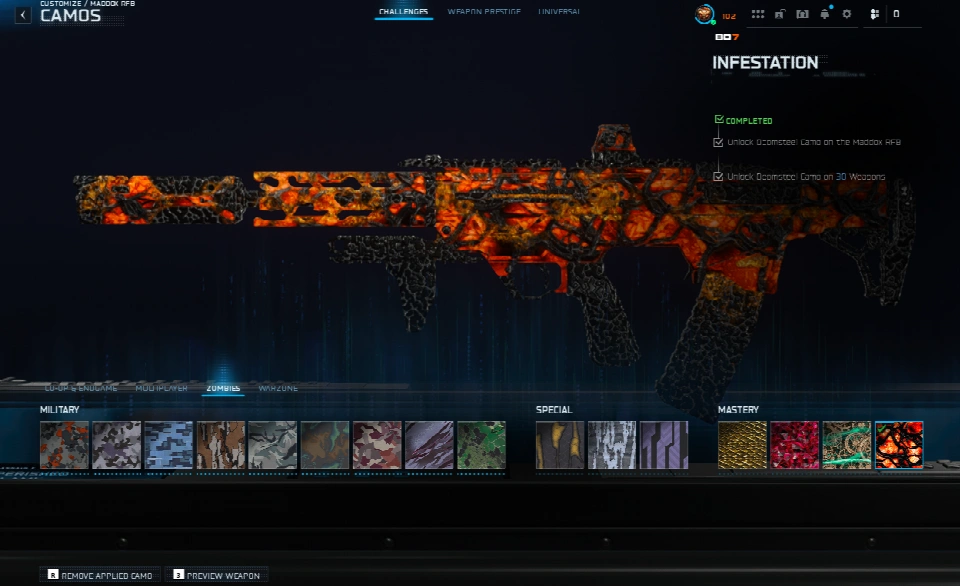 ULTRA STACKED BO7/WZ账号 | 声望大师102 | 全武器Singularity + Infestation | 35把满级武器 | 支持Warzone + BO7排位