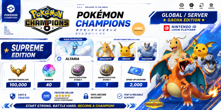 账号 Pokemon Champions | 七夕青鸟 + 100000 胜利点数 + 快龙，雷丘，怪力 + 1 雷丘 X 1 雷丘 Y + 2000 优惠券