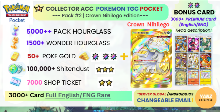 Pokemon TCG Pocket 账号 | Crown Nihilego 3000+ 卡牌 英语 + 5000 包 HG + 1500+ 奇遇 HG + 7000 票券 + 50 宝可梦金币