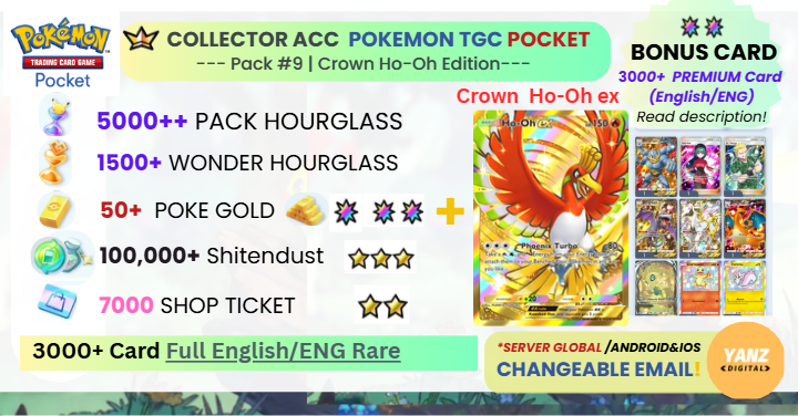 Pokemon TCG Pocket 账号 | Crown Ho-Oh ex 3000+ 卡牌 英语 + 5000 包 HG + 1500+ 奇迹 HG + 7000 票券 + 50 宝可梦金币