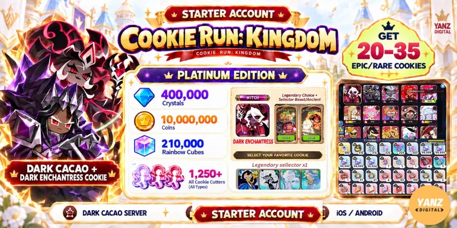 [Dark cacao] 账号 Cookie Run Kingdom | 400000 水晶 + 210000 方块 + DCC + Dark Enchantress Cookie + 1.2K+ 切割器