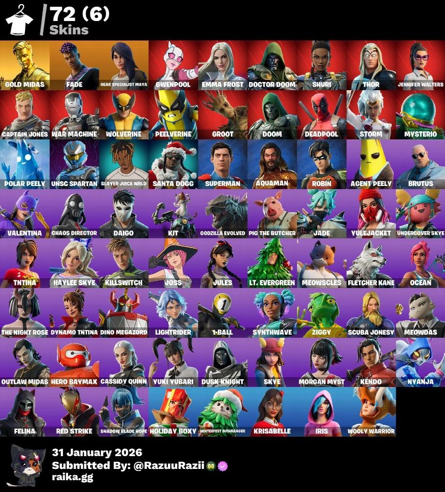 FN🌟70+皮肤 🔥90表情 🔥125镐子🔥Gold Midas、FADE、THOR、DEADPOOL、EMMA FROST、GROOT、MYSTERIO 🔥 🚚 完全访问 🔥全平台