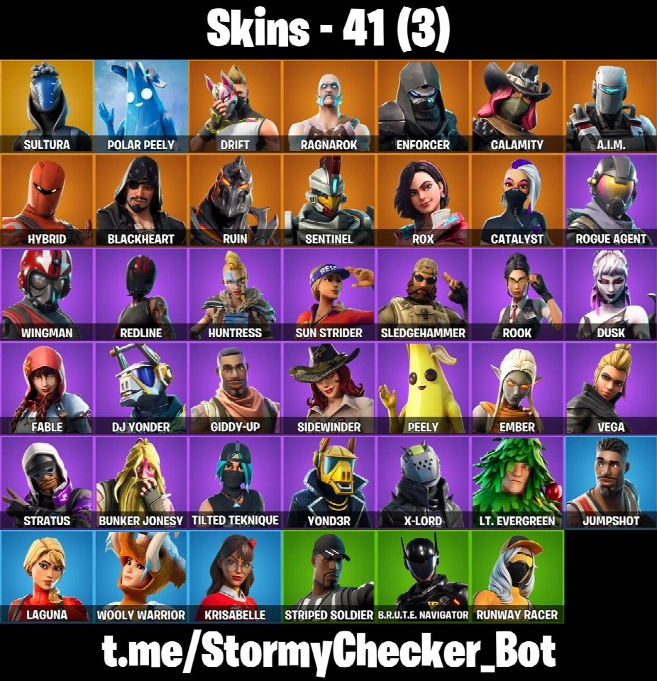 41款皮肤 ⭐ MAKO ⭐ ORANGE JUSTICE ⭐ RAMBUNCTIOUS ⭐ DRIFT ⭐ PEELY ⭐ RUST BUCKET ⭐ ICE BREAKER ⭐ BALLOON AXE ⭐ LUG AXE ⭐ HEARTSPAN ⭐ SWIPE IT ⭐ FA