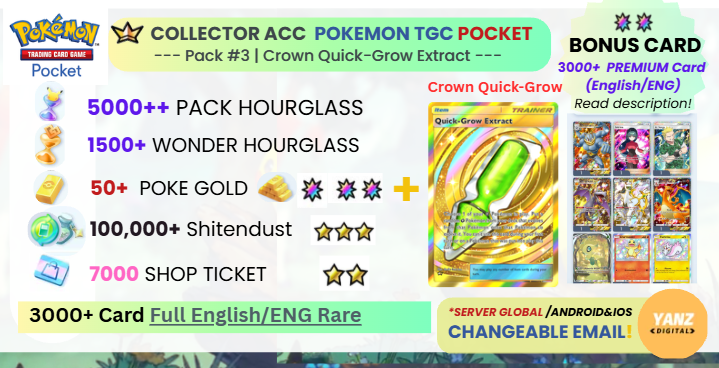 Pokemon TCG Pocket 账号 | Crown Quick Grow Extract 3000+ 卡牌 英文 + 5000 包 HG + 1500+ 奇迹 HG + 7000 票券 + 50 宝可梦金币