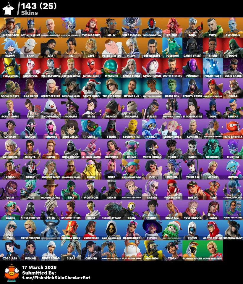 143皮肤 - Marvel系列 - Lara Croft - Peter Griffin - Optimus Prime - 更多 - 200 VB
