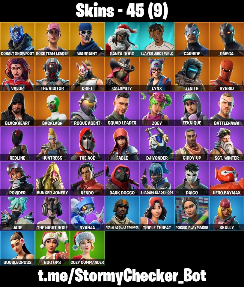 45皮肤 ⭐ OG STW 豪华版 ⭐ Cobalt Snowfoot ⭐ Drift ⭐ Backflash ⭐ Candy Axe ⭐ Harley Hitter ⭐ Reaper ⭐ Heartspan ⭐ Orange Justice ⭐ Get Griddy ⭐ FA