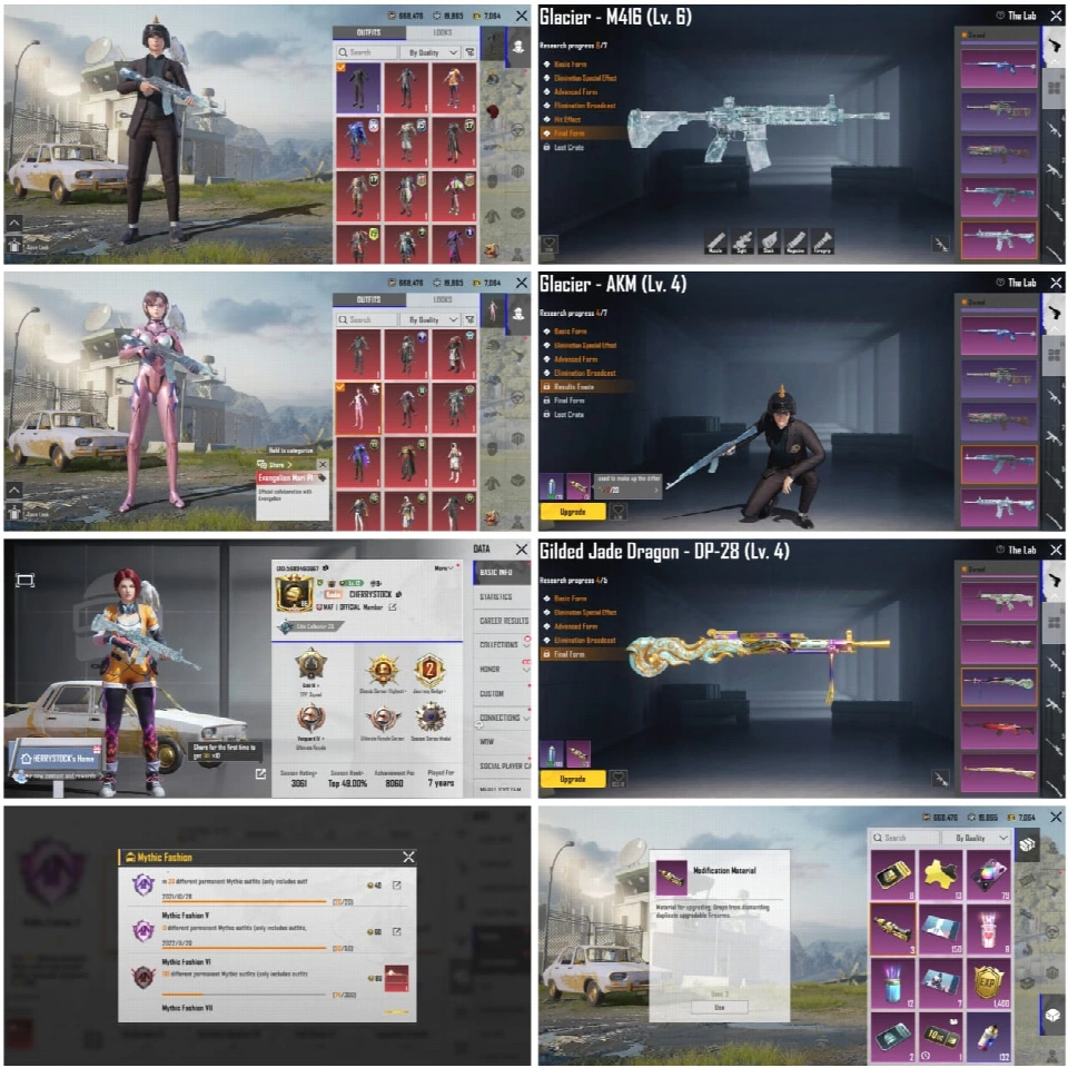 M416 冰川等级 6 😈 地狱头盔 | 👤 S4 面部 | 💗 粉色 EVA 套装 | 💎 74 个神话 | ⭐ 60 个收藏 | 🏆 2 次征服者 | 💠 3 个材料 🔥