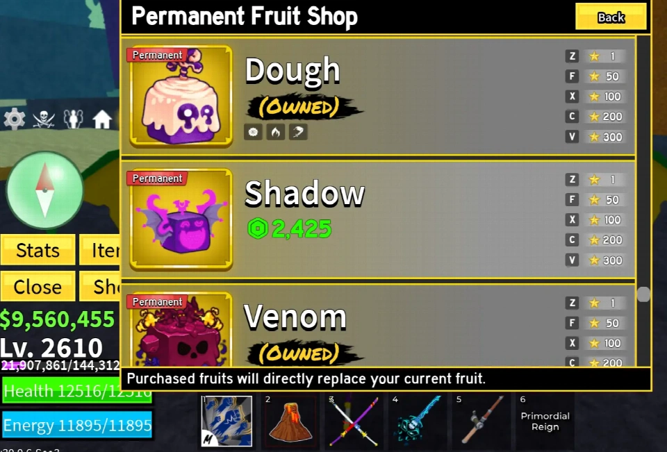 [Blox Fruits] 等级2610 | PERM DRAGON, DOUGH, T-REX, VENOM, PORTAL, MAGMA | CDK、Fox Lamp & Soul Guitar | Godhuman | 海3