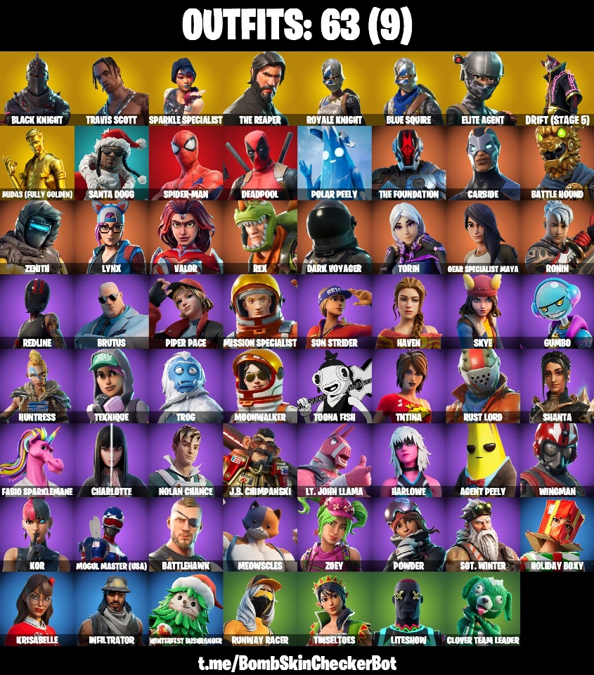 PC/PSN/Xbox/Nintendo 63款皮肤 | Black Knight | Travis Scott | Sparkle Specialist | The Reaper | Blue Squire | Royale Knight | Elite Agent | Mako | Tak