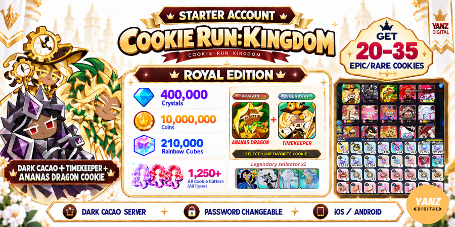 [Dark cacao] 账号 Cookie Run Kingdom | 400000 水晶 + 210000 方块 + DCC + 时间守护者 + 菠萝龙饼干 + 1.2K+ 切割器