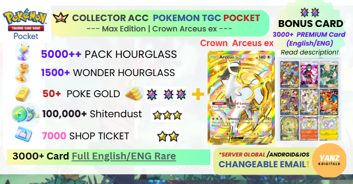 Pokemon TCG Pocket 账号 | Crown Arceus ex 3000+ 张卡牌 英文 + 5000 包 HG + 1500+ 奇迹 HG + 7000 票券 + 50 Poke Gold