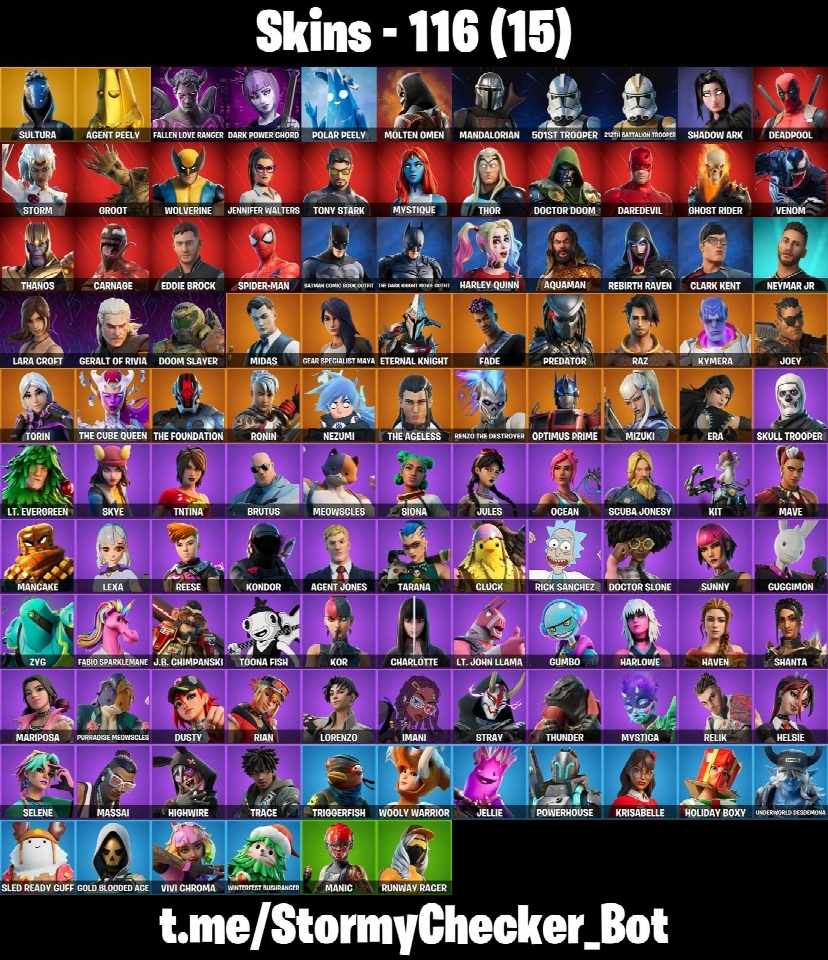 116皮肤 ⭐ 36%金色特工Peely ⭐ Thanos ⭐ Venom ⭐ Carnage ⭐ Ghost Rider ⭐ Daredevil ⭐ Eddie Brock ⭐ Spiderman ⭐ Lara Croft ⭐ Rick Sanchez ⭐ FA