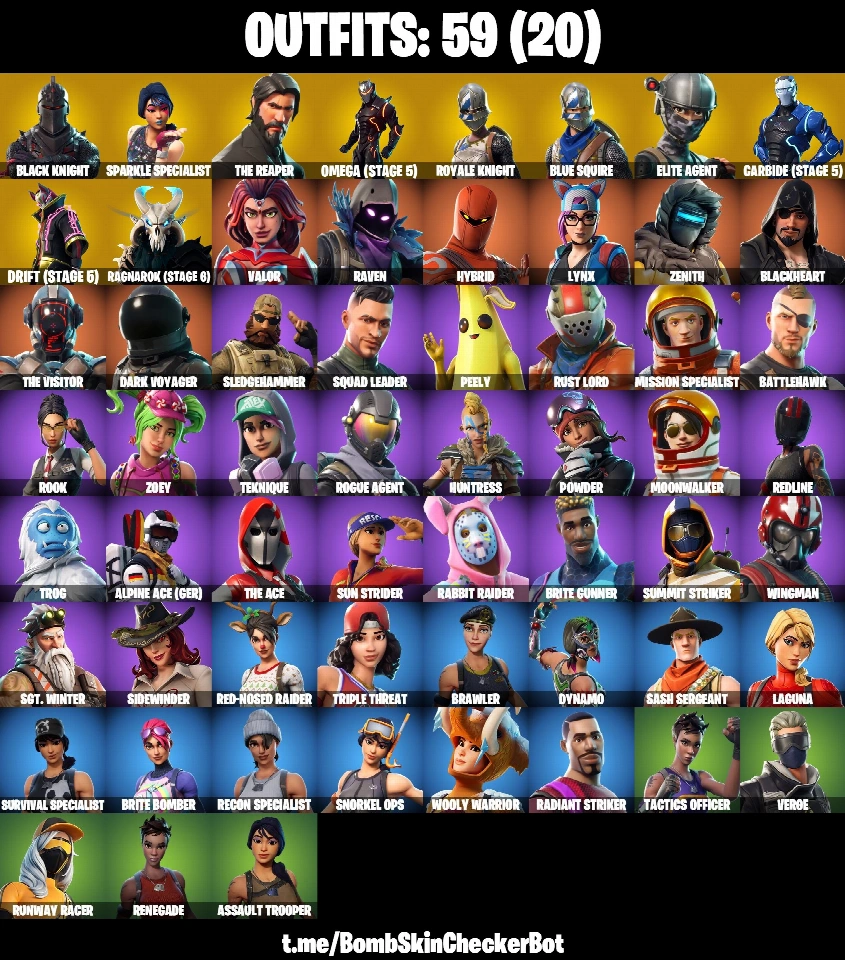 PC/Xbox/Nintendo 59个皮肤 | 黑骑士 | 闪耀专家 | 死神 | 蓝色骑士 | 皇家骑士 | 精英特工 | Mako | Take The L | Omega (st