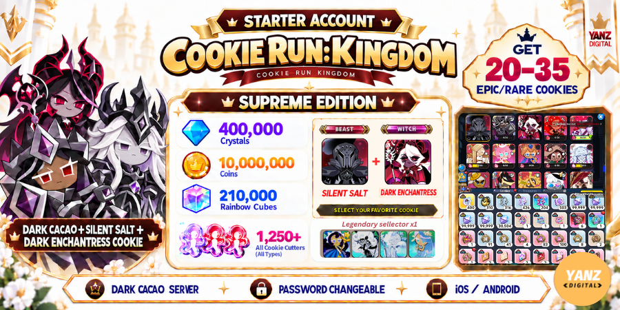 [Dark cacao] 账号 Cookie Run Kingdom | 400000 水晶 + 210000 方块 + DCC + 静默之盐 + 暗黑女巫饼干 + 1.2K+ 切割器