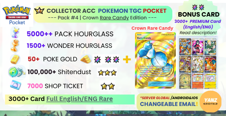 Pokemon TCG Pocket 账号 | Crown Rare Candy 3000+ 卡牌 英文 + 5000 包 HG + 1500+ 奇迹 HG + 7000 票券 + 50 Poke Gold