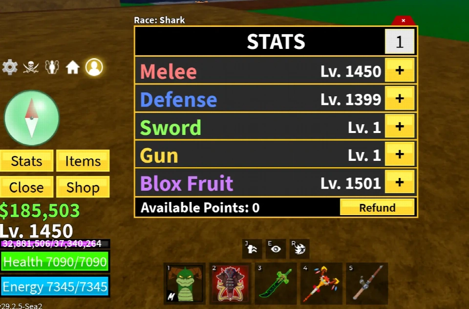 Blox Fruits账号 Lv.1450 | PERM Buddha + PERM T-Rex + PERM Mammoth + PERM Gas | Dark Blade | 丰富库存