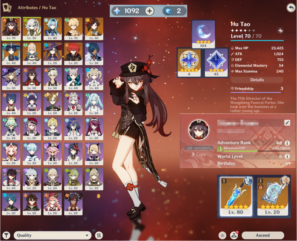 【NA】AR48💎11 传奇🔥Hu Tao🔥Nahida🔥Chiori🔥Wanderer🔥Eula✨18 金星💎1092 原石✴️2 祈愿重抽