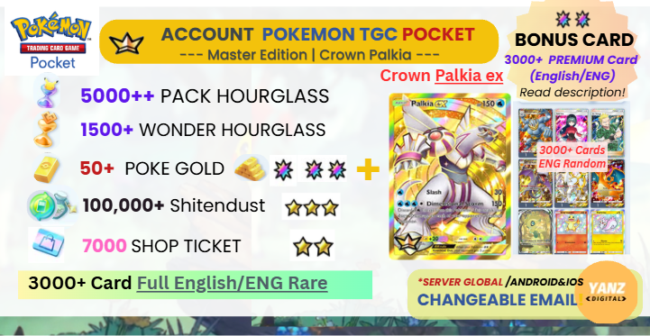 Pokemon TCG Pocket 账号 | Crown Palkia ex 3000+ 卡牌 英文 + 5000 包 HG + 1500+ 奇迹 HG + 7000 票券 + 50 宝可金币