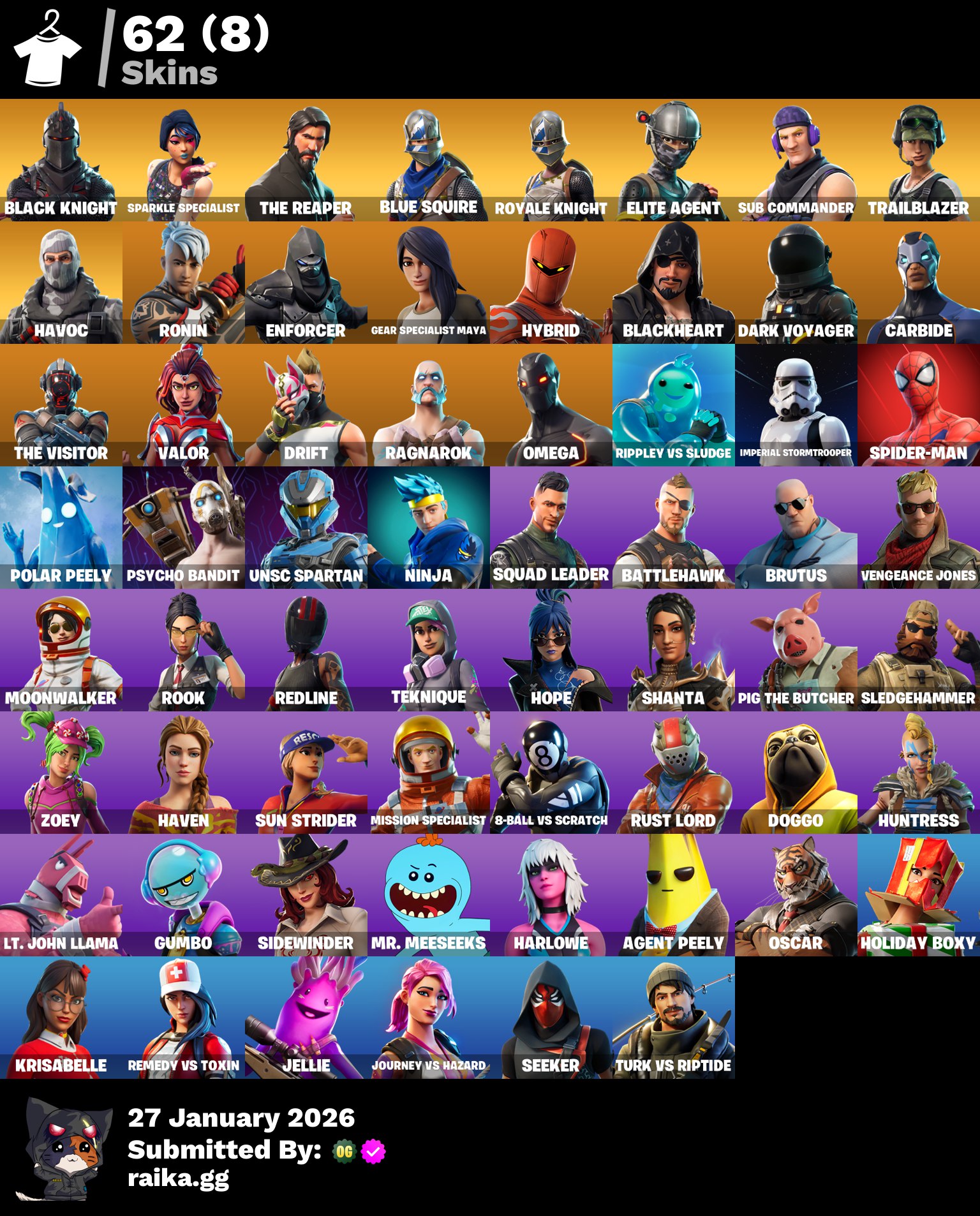 PC/PSN/Xbox/Nintendo/Nintendo 60款皮肤 | Black Knight | Psycho Bandit | Sparkle Specialist | The Reaper | Blue Squire | Royale Knight | Elite Agent