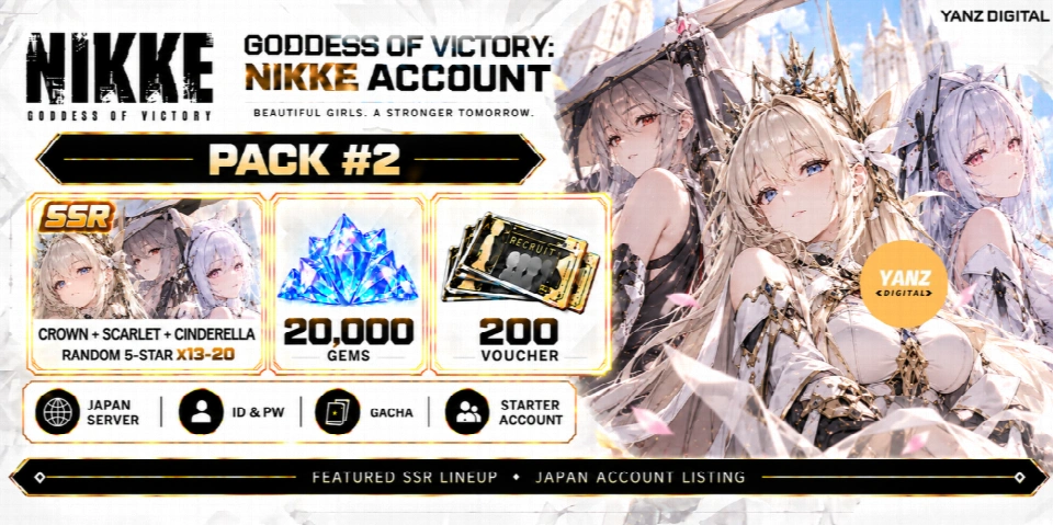 [日本] 账号 胜利女神：妮姬 | 皇冠 + 斯卡莱特，灰姑娘，随机 5 星 x13-20 + 20000 宝石 + 200 代金券