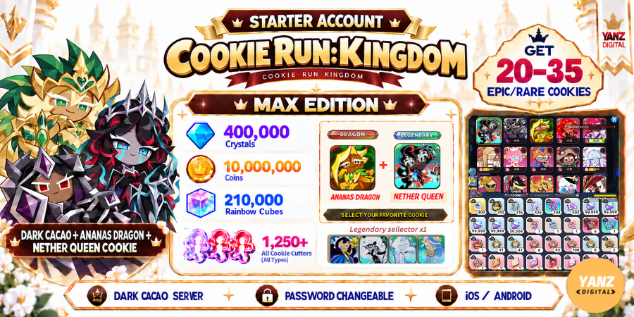 [Dark cacao] 账号 Cookie Run Kingdom | 400000 水晶 + 210000 方块 + DCC + 菠萝龙 + 地狱女王饼干 + 1.2K+ 切割器