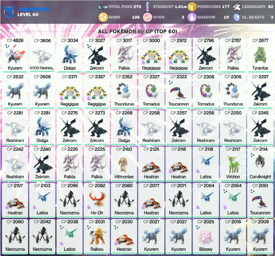 Shiny White Kyurem 4.8K | 传说: 82 | 闪光: 100 | 60级 | 闪光: Latios, Raikou, Heatran, Kyurem | MEGA 班基拉斯 | [CNL] | PG-QMKCS