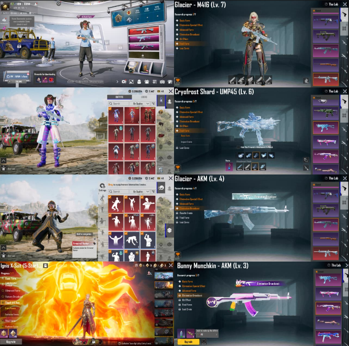 M4 冰川 MAX | UMP 冰川 LV6 | AKM 冰川 LV4 | L-IGINS XSUIT 2星 | GLADIRA XSUIT 1星 | 136 神话 | 35 实验室 | 旧表情