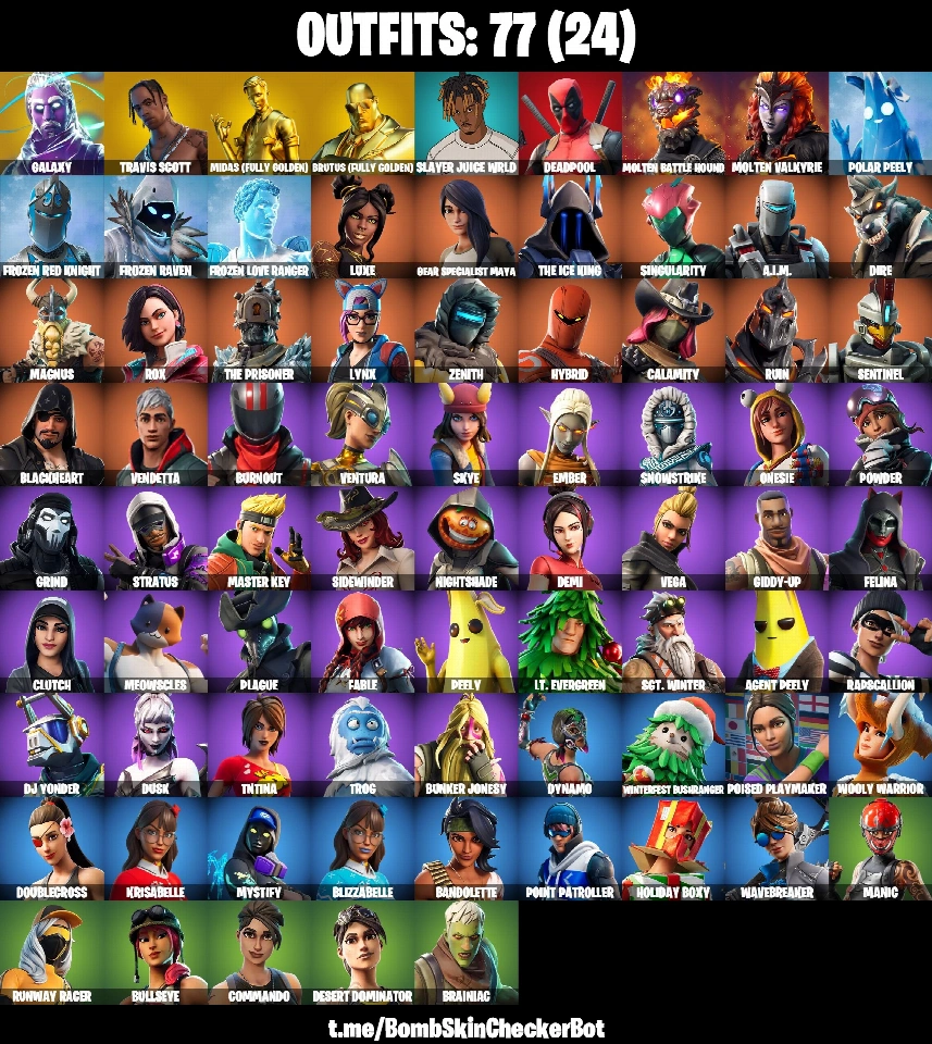 PC/PSN/Xbox/Nintendo 77款皮肤 | Galaxy | Travis Scott | 金色布鲁图斯 | 金色迈达斯 | Point Patroller | Zenith | 装备专家玛雅 | Singularity | Rox