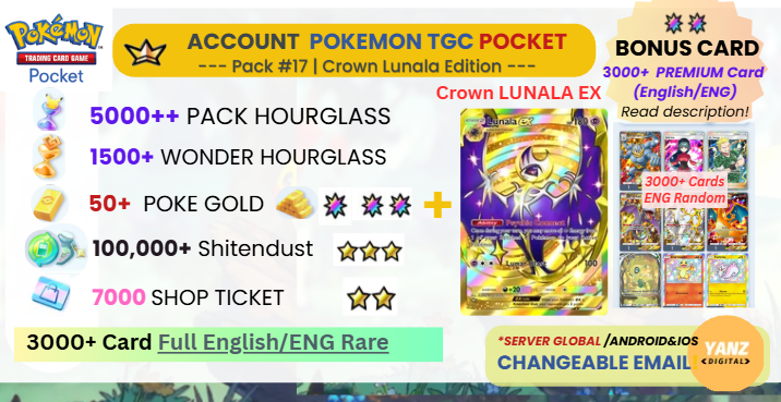 Pokemon TCG Pocket 账号 | Crown Lunala 3000+ 卡牌 英语 + 5000 包 HG + 1500+ 奇迹 HG + 7000 票券 + 50 宝可金币
