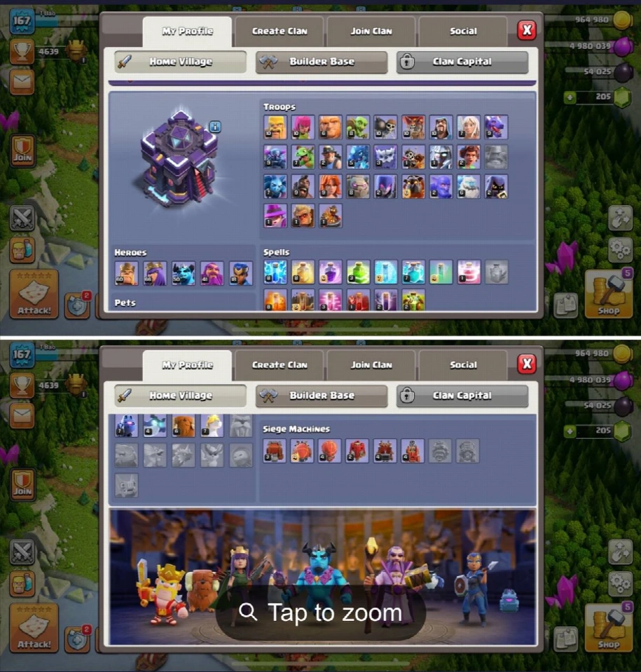 6-BUILDER，全部史诗装备，传奇档案（限时75%折扣）TH15满级，167级 | BK60，Q66，MP50，W41，RC18 | BH-9满级，魔法道具，皮肤