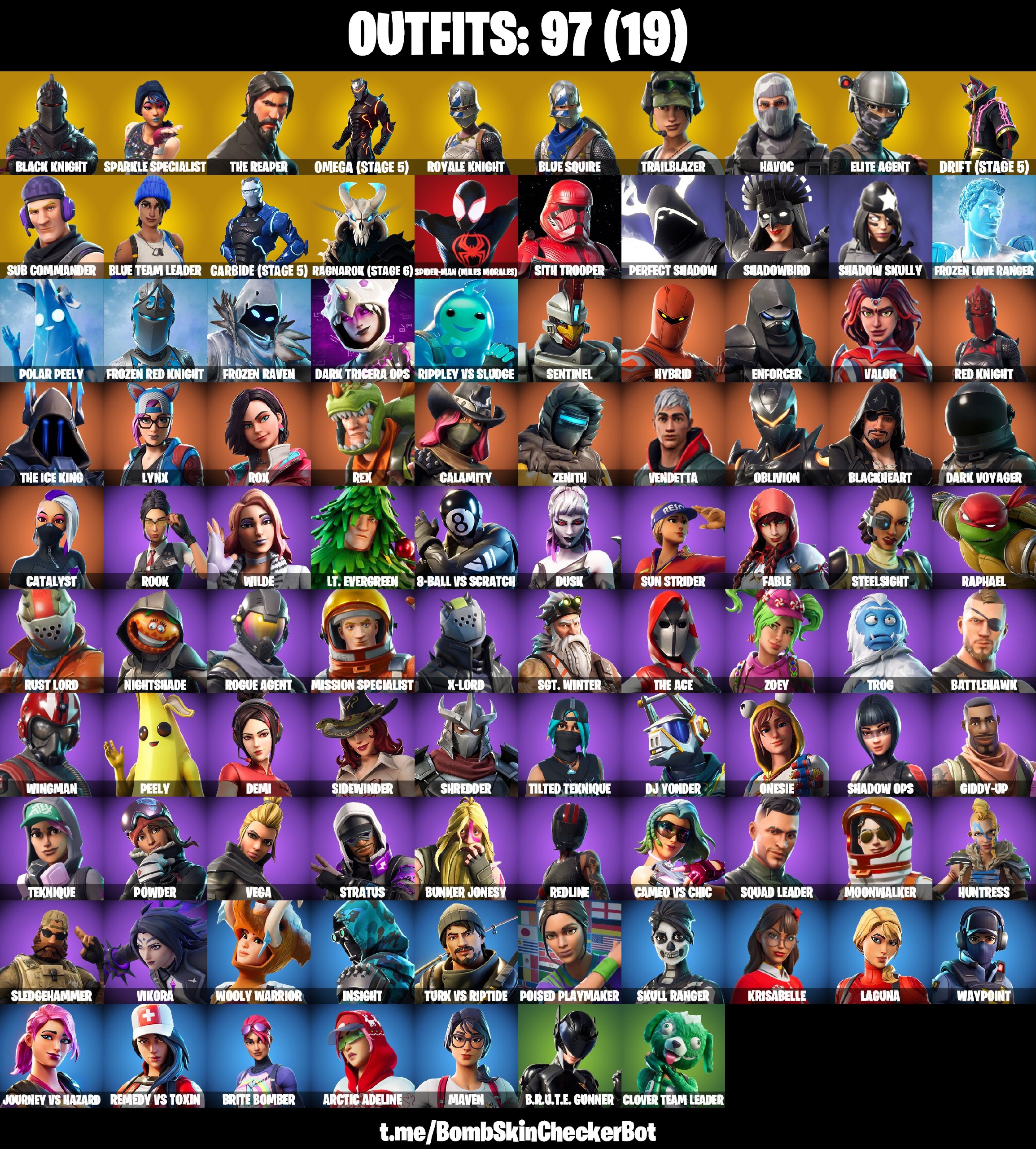 PC/PSN/Nintendo 97款皮肤 | Black Knight | Sparkle Specialist | The Reaper | Blue Squire | Royale Knight | Elite Agent | Blue Team Leader | Take The L