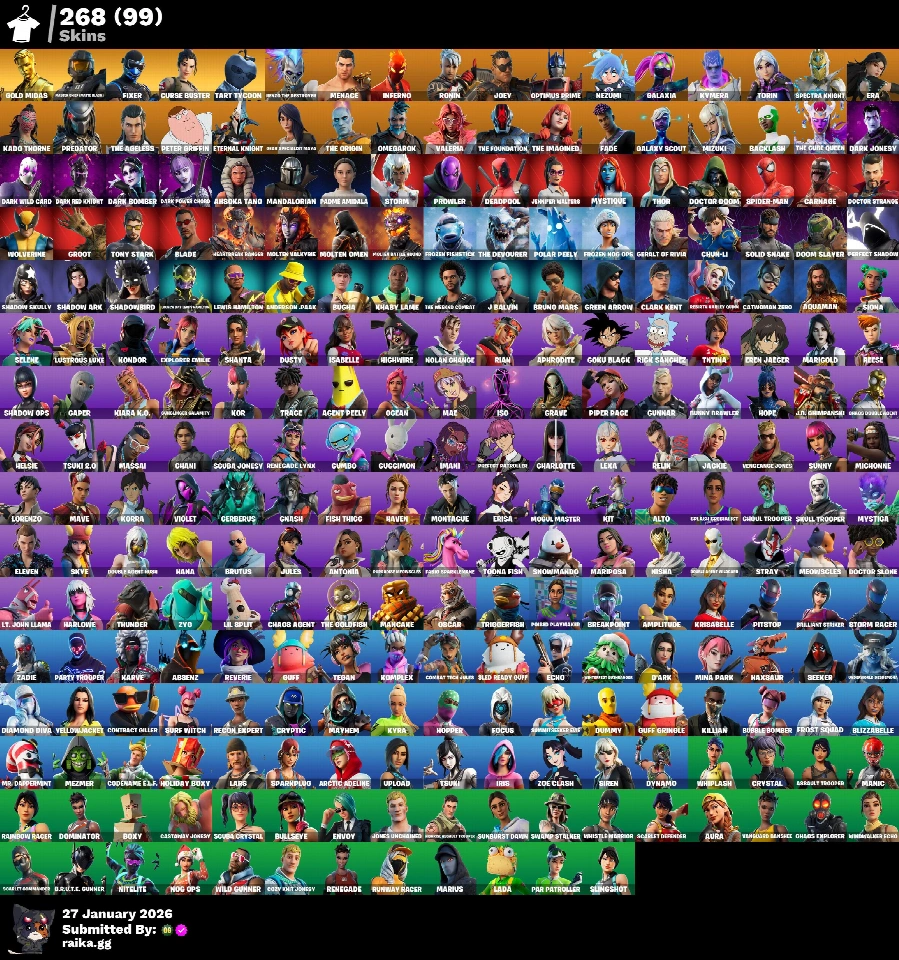 PC/PSN/Xbox/Nintenco 268款皮肤 | Chani | Chun-Li | Gold Midas | Master Chief（磨砂黑）| Fixer | Galaxia | Era | Predator | The Ageless | The Foun