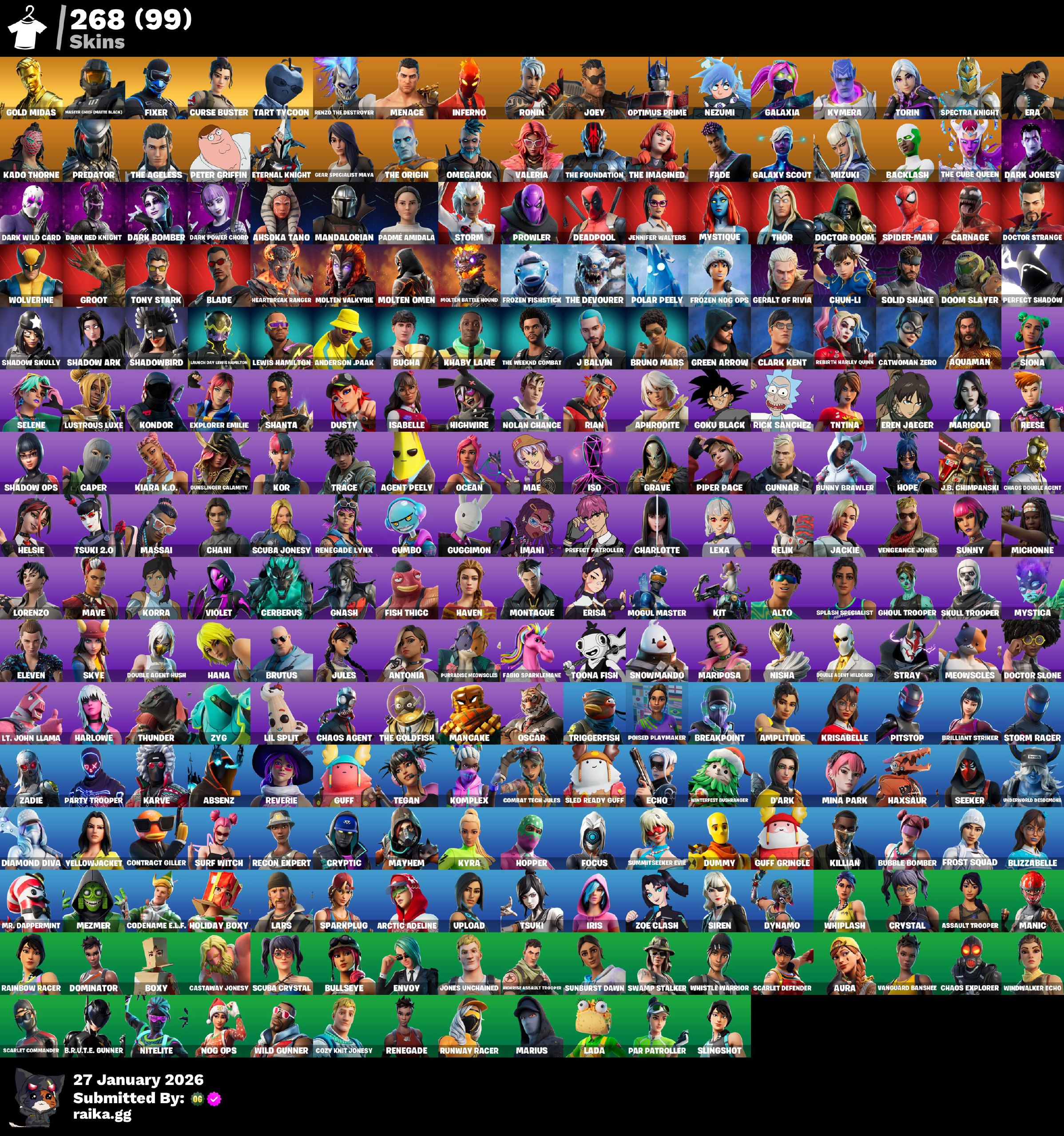 PC/PSN/Xbox/Nintenco 268款皮肤 | Chani | Chun-Li | Gold Midas | Master Chief(磨砂黑)| Fixer | Galaxia | Era | Predator | The Ageless | The Foun