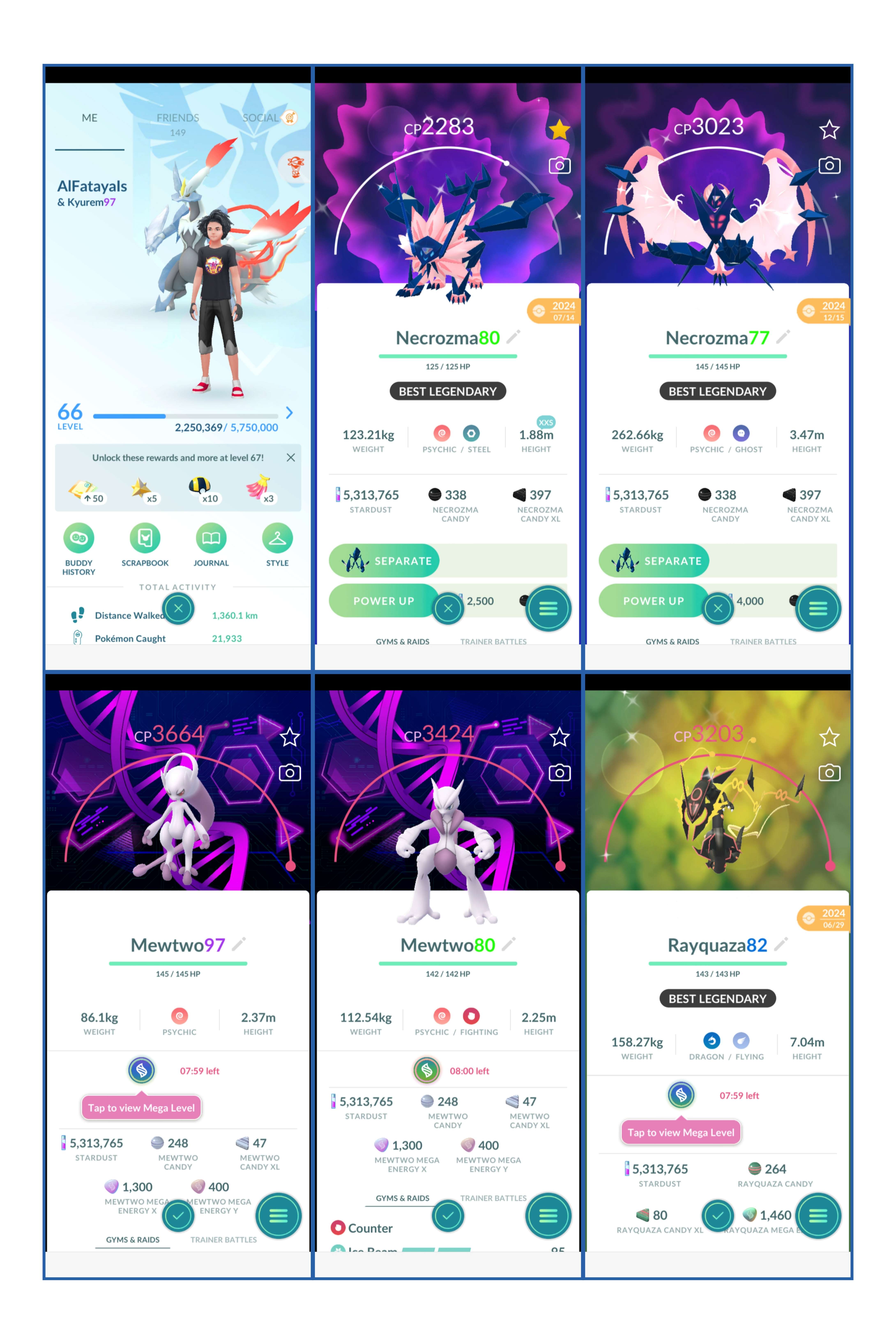 LEVEL 66 | 930 传说(66 闪光)| 823 闪光 - 39 Shundo | 364 4* | 98 V Mega Mewtwo Y + Mega Mewtwo X | Mega Rayquaza | 黑白 Kyurems