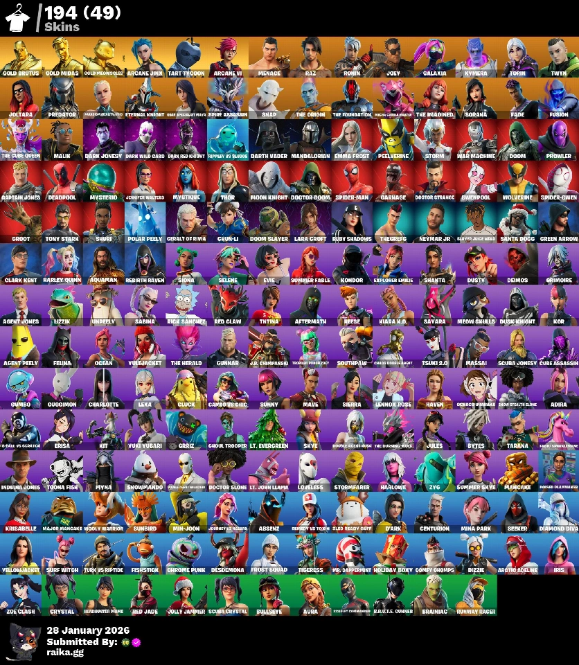 PC/PSN/Xbox/Nintendo 194款皮肤 | Arcane Vi | Arcane Jinx | Chun-Li | Lara Croft | Gold Brutus | Gold Midas | Gold Meowscles | Tart Tycoon | Menace