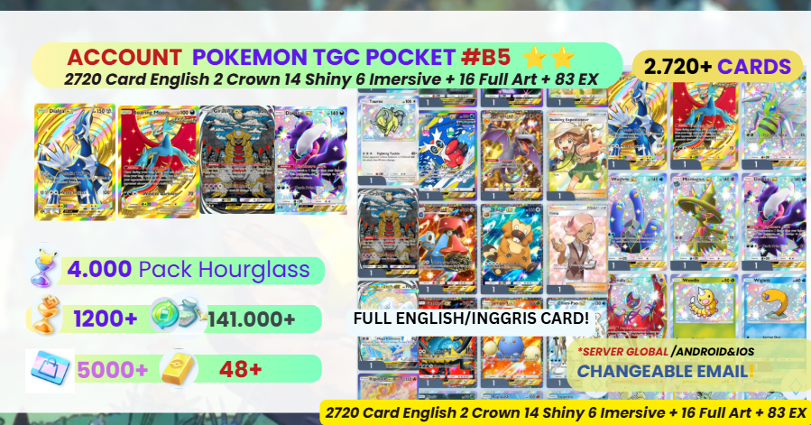[2720+ 卡 ENG] 账号 – 2张 Crown Diagla EX + Roaring Moon + 14 闪卡 + 6 Immersive Giratina EX + 闪卡 Darkrai EX + 4000包 沙漏 #b5