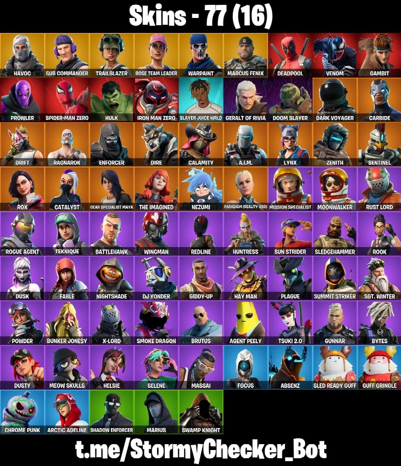 77皮肤 ⭐ OG STW 豪华版 ⭐ TAKE THE L ⭐ HAVOC ⭐ SUB COMMANDER ⭐ VENOM ⭐ GAMBIT ⭐ HULK ⭐ SPIDERMAN ZERO ⭐ IRONMAN ZERO ⭐ DRIFT ⭐ ORANGE JUSTICE ⭐ FA