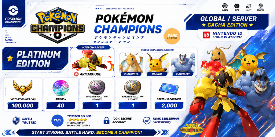 账号 Pokemon Champions | 红莲铠骑 + 100000 胜利点数 + 快龙，雷丘，怪力 + 1 雷丘 X 1 雷丘 Y + 2000 优惠券