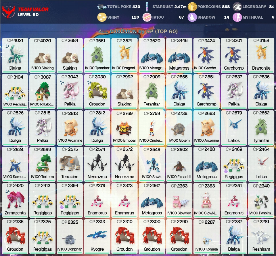 Shiny：帕路奇亚、固拉多、藏玛然特、雷吉铎拉戈 | Hundo：87 | IV100 雷吉奇卡斯 3K | Shiny 帝牙卢卡 4K | 传说：81 | 60级 | Shiny：120 | [CNL] | PG-HOQQM
